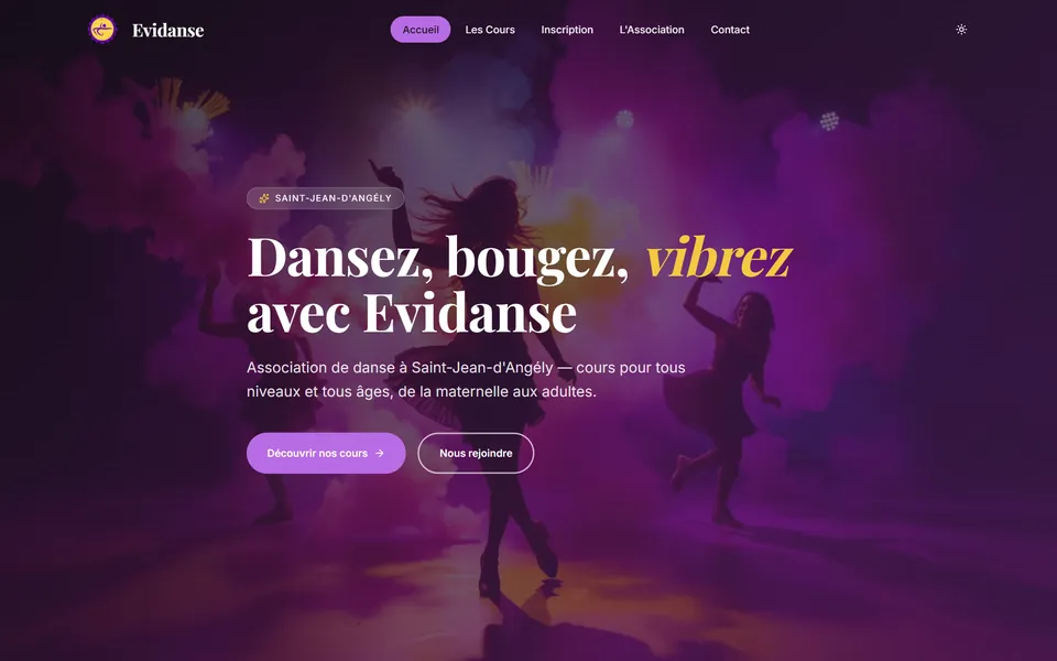 Page d'accueil du site de l'école de danse Evidanse