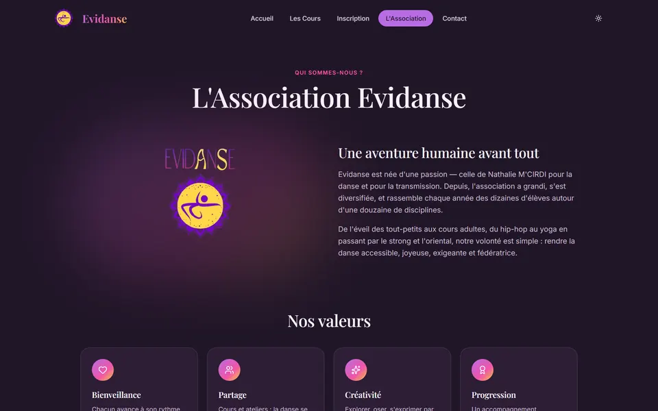Page d'accueil du site de l'école de danse Evidanse