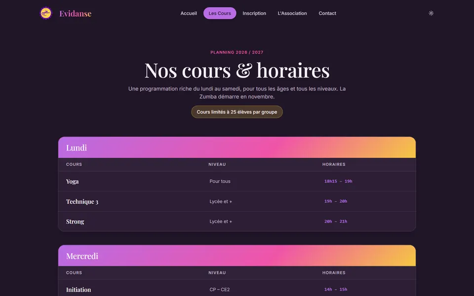 Page d'accueil du site de l'école de danse Evidanse