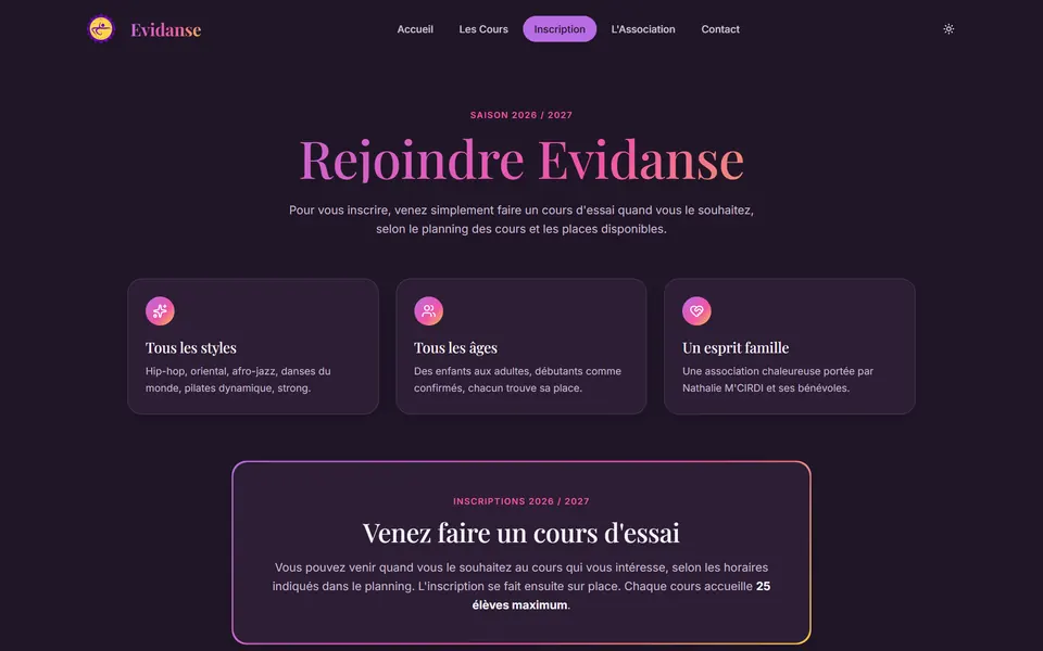 Page d'accueil du site de l'école de danse Evidanse